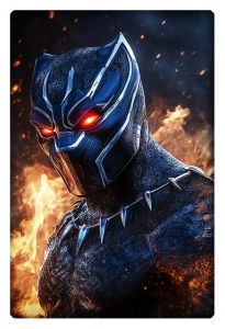 Black Panther with glowing red eyes and a fiery backdrop, showing power and intensity.