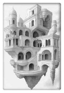 Floating surreal architectural palace with arches, domes, and intricate stairways in grayscale.