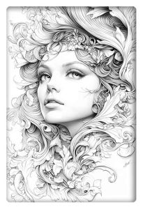 A black-and-white detailed drawing of a beautiful woman with intricate floral elements surrounding her face.