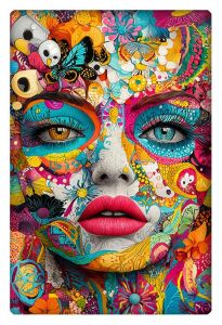 Vibrant surreal artwork of a face adorned with intricate patterns, flowers, and butterflies.