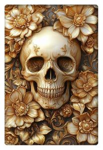 Modern decorative illustration of an intricately designed skull surrounded by ornate golden flowers.