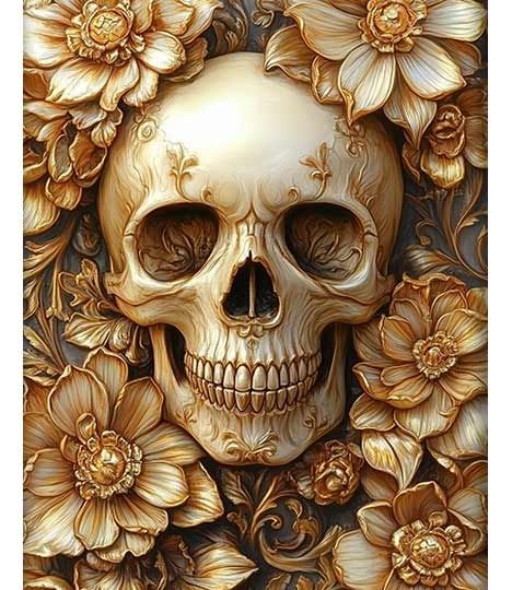 Modern decorative illustration of an intricately designed skull surrounded by ornate golden flowers.