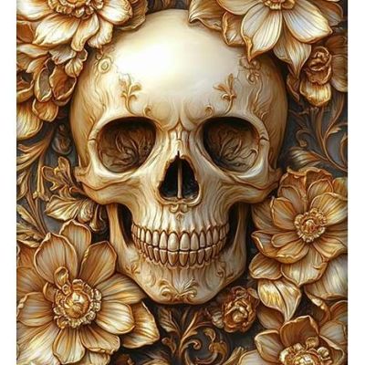 Modern decorative illustration of an intricately designed skull surrounded by ornate golden flowers.