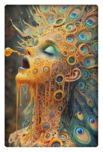 Surreal psychedelic artwork of a woman with multiple eyes and peacock-like fractals, dripping in vibrant, melting textures.