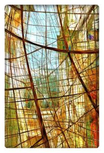 An AI-generated abstract artwork featuring intersecting geometric lines and layers of light, creating a dynamic lattice effect of fractured glass and architectural forms in warm and cool tones.