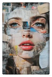 A surreal collage artwork depicting the face of a woman, assembled from fragmented images, letters, and cityscapes.