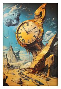 Surreal painting of a broken clock embedded in a crumbling structure in a desolate desert landscape.