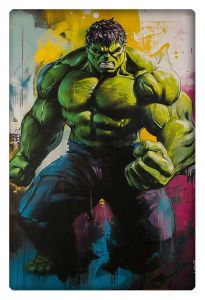 Bold Hulk standing in a dynamic pose with clenched fists and a colorful, abstract background.