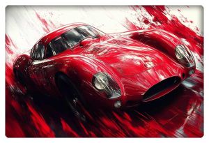 Dynamic digital artwork of a classic red race car surging forward with intense speed, surrounded by bold streaks of red and white.