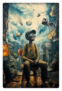 A young boy sits on a chair, wearing futuristic goggles, surrounded by a dystopian world with meteors and space elements in the sky.