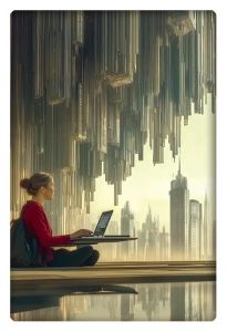 A woman working on a laptop in a futuristic cityscape, with towering, abstract structures looming overhead, symbolizing the merging of technology and creativity.