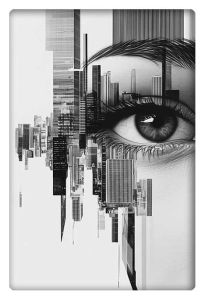 AI-generated artwork featuring a close-up of a human eye seamlessly integrated with a futuristic cityscape in black and white tones.