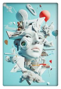 Surreal futuristic digital artwork featuring a fragmented human face integrated with abstract elements and technology-inspired components floating in the sky.