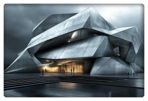 A sleek, futuristic museum building with bold, angular concrete design, illuminated warmly from within against a dark, stormy sky.