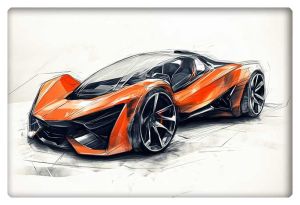 A detailed sketch of an orange hypercar with sharp, angular lines and low-profile design, highlighting the futuristic and aerodynamic features of the car.