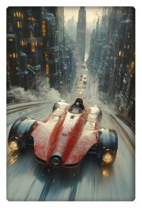 A sleek, futuristic red racing car speeds through a high-tech, urban landscape with towering buildings on a curved road.