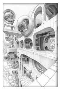 A surreal, highly detailed black-and-white drawing of a futuristic architectural complex featuring spherical rooms, rounded windows, and geometric designs.