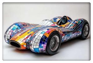 A sleek, race car with a vibrant mosaic tile design, inspired by the works of Antonio Gaudí, creating a stunning fusion of automotive and architectural art.