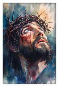 Watercolor painting of Jesus Christ gazing upward, wearing a crown of thorns, symbolizing faith and sacrifice.