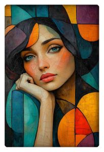 Cubist-inspired portrait of a woman, featuring vibrant colors and geometric shapes in a modern, abstract style.