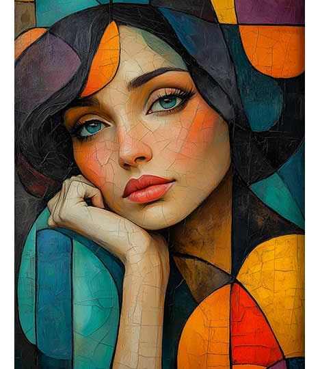 Cubist-inspired portrait of a woman, featuring vibrant colors and geometric shapes in a modern, abstract style.