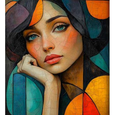 Cubist-inspired portrait of a woman, featuring vibrant colors and geometric shapes in a modern, abstract style.