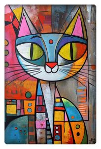 Colorful abstract portrait of a cartoonish cat with geometric patterns.