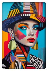 A bold and vibrant portrait of a stylish woman, featuring geometric shapes and bright colors.