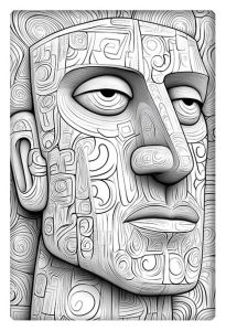 Black and white line art of a detailed human face with geometric patterns, perfect for coloring books or wall art.