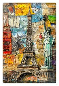 A vibrant collage-style artwork featuring iconic landmarks like the Eiffel Tower and the Statue of Liberty, set against a colorful patchwork of travel postcards and maps.