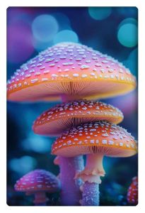 Vibrant mushrooms with glowing caps in a mystical forest scene.