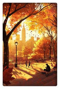 Autumn park scene with vibrant orange trees, people walking, and the Empire State Building in the background.