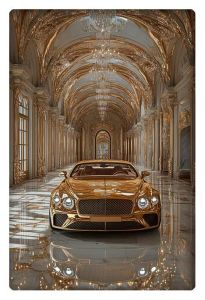 Golden Bentley displayed in a luxurious palace-like golden interior with ornate chandeliers and marble floors.