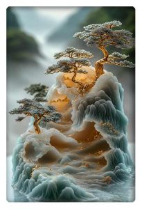 A gold and silver-toned sculpture featuring bonsai trees on a flowing chalcedony mountain-like structure, set against a misty background.