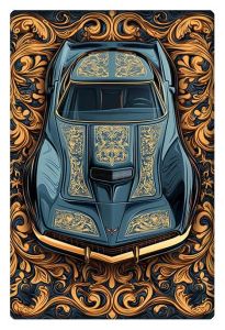 A stylized 1972 Corvette adorned with intricate golden patterns, set against a luxurious gold and dark background.