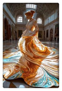 A stunning sculpture of a woman in flowing golden and white robes displayed in an opulent, high-ceilinged gallery.