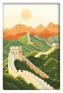 Illustration of the Great Wall of China winding through green hills with a sunlit sky.