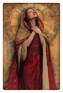 A serene woman in a red and gold robe standing before a luminous golden halo, evoking spiritual grace and peace.