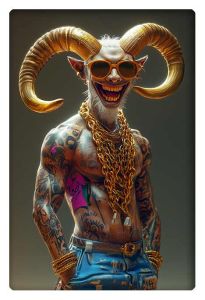 Stylized tattooed humanoid with large golden ram horns, gold chains, and sunglasses, smiling confidently.