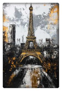 An abstract, textured painting of the Eiffel Tower in Paris, with bold black and gold brushstrokes creating a striking contrast against a muted gray skyline.