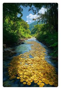 A river filled with glistening gold coins flowing through a lush, green forest.