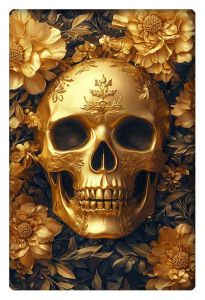 Modern decorative golden skull surrounded by ornate golden flowers in an intricate design.