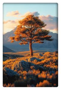 A majestic tree stands alone in a sunlit golden meadow, with mountains in the background, illuminated by the warm glow of sunset.