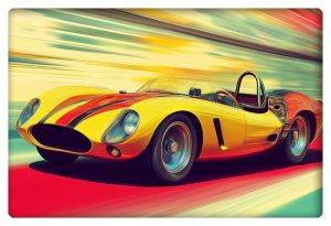 A sleek yellow retro-themed sports car racing forward with a blurred motion effect, set against a dynamic red and yellow background.