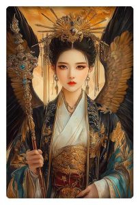 Elegant empress with golden wings, adorned in traditional royal attire, holding a jeweled staff.