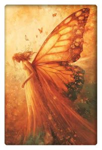 Whimsical illustration of a beautiful celestial woman with butterfly wings bathed in warm, golden light.