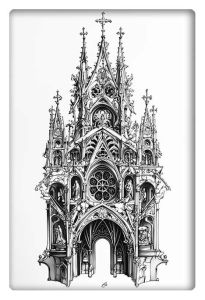 A highly detailed black-and-white pen drawing of a Gothic cathedral, showcasing intricate arches, spires, and ornate designs in a symmetrical architectural layout.