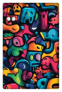 Vibrant graffiti-style cartoon pattern with colorful abstract shapes and characters.