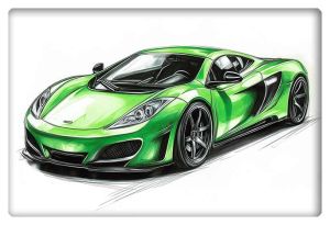 A green McLaren MP4-12C sports car illustrated in a sleek and modern style, showcasing its aggressive front and dynamic body lines.