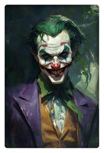 Grinning Joker-like figure in a purple suit, green hair, and menacing smile, painted with textured brushstrokes.